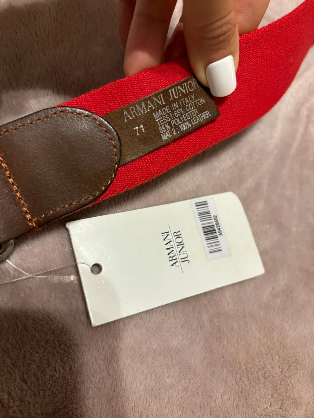 Armani Junior Red Webbing Belt with Brown Leather and Silver Rings 71 cm